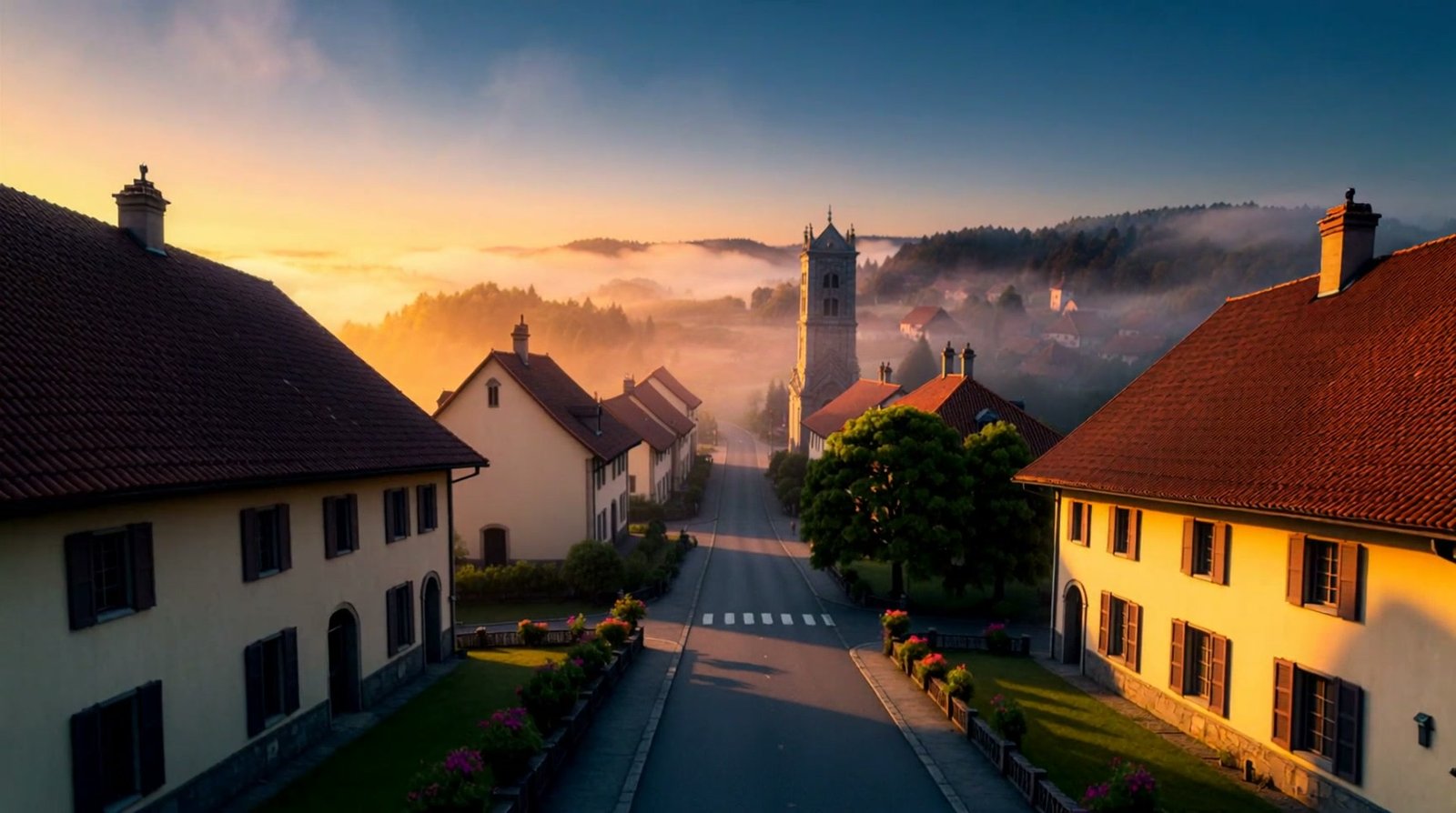 Dorfstraße im Enzkreis im Morgenlicht, Kernmarkt der iMMo75 Kapital Akademie