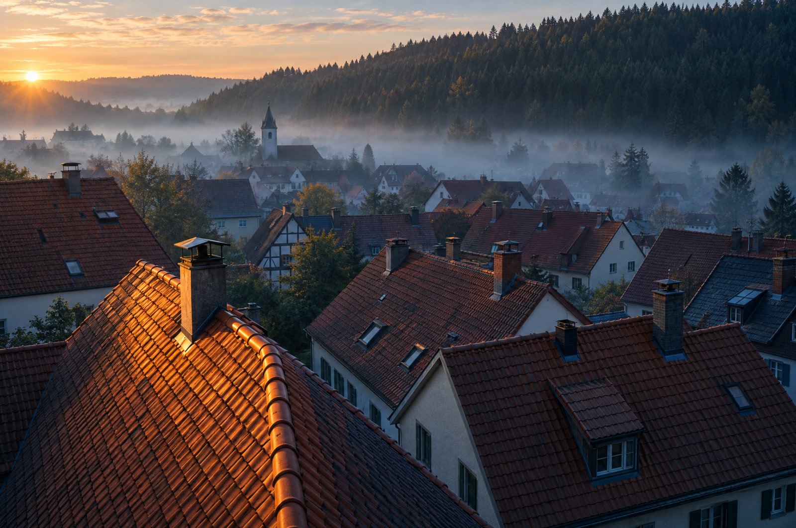 Vermietete Bestandsimmobilien im Enzkreis, Ziegeldächer im Morgennebel